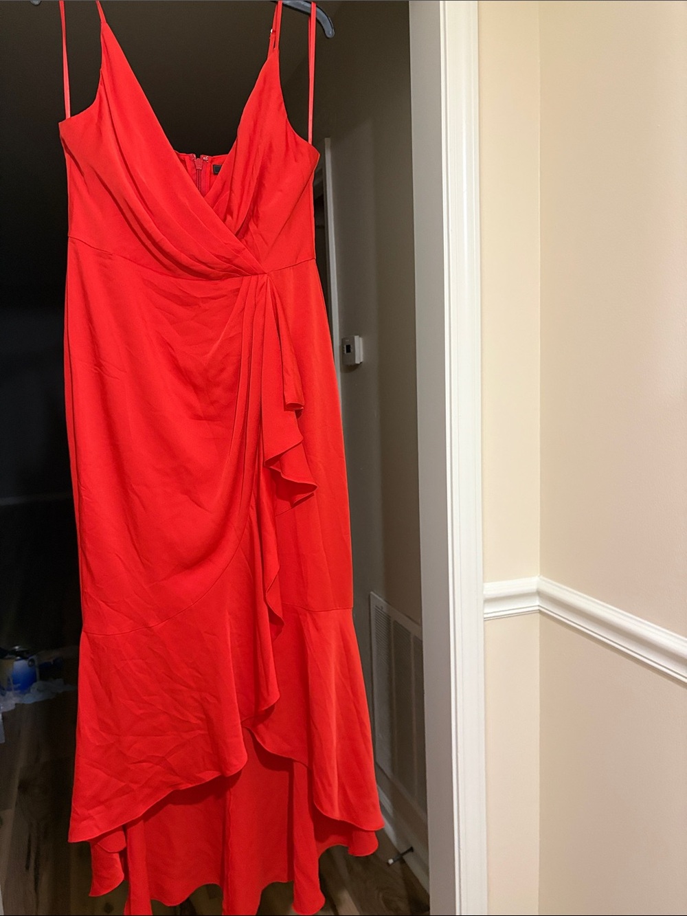 BCBGMaxAzria Red Asymmetrical Ruffle High-Low Maxi Dress